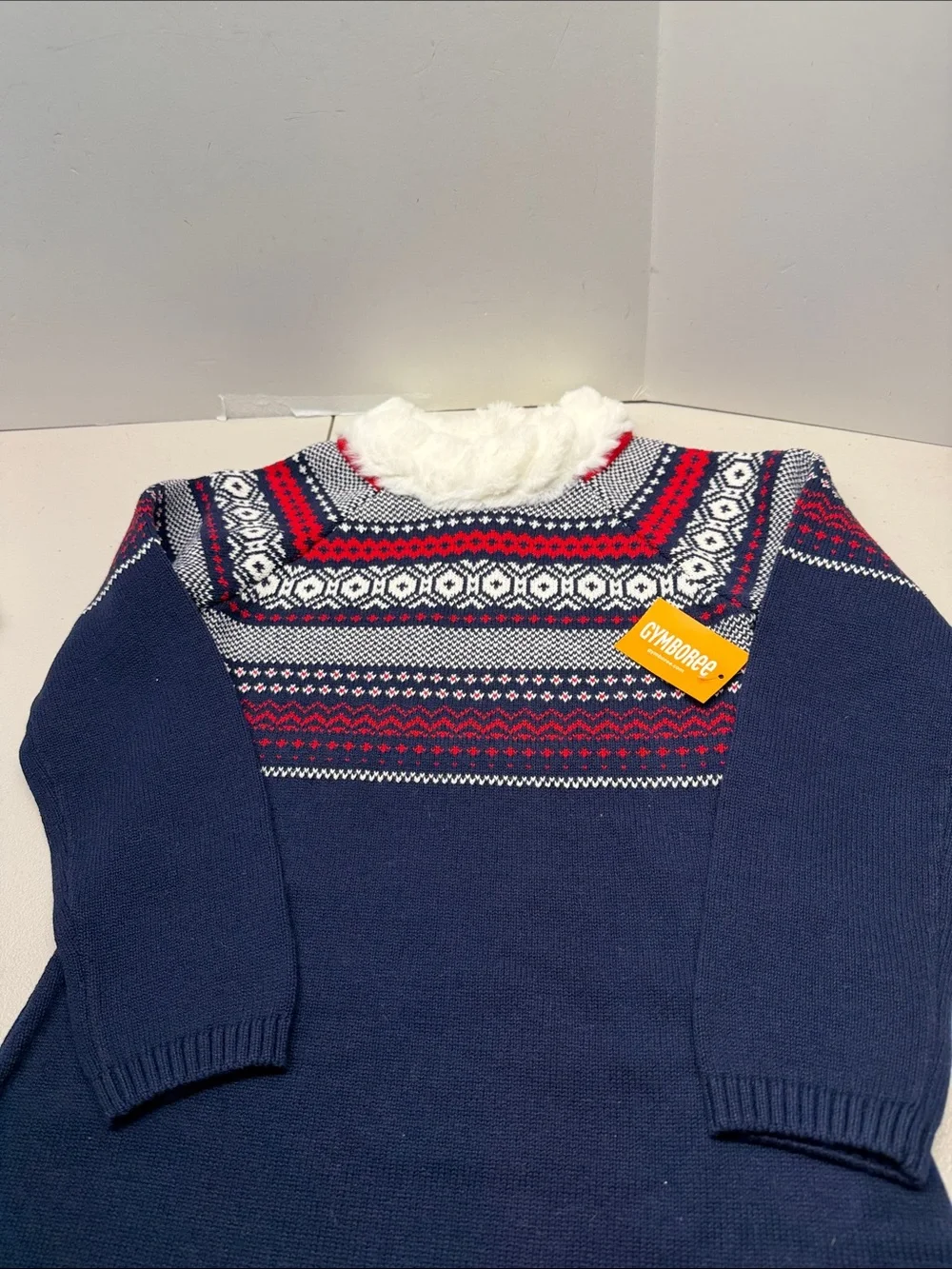 Gymboree Navy, Red & White Fair Isle Knit Dress with Faux Fur Collar
